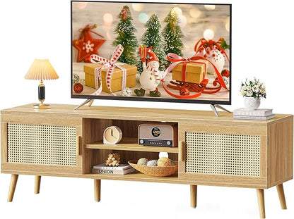 SUPERJARE Boho TV Stand for 65 Inch TV, Entertainment Center with Adjustable Shelf, Rattan TV Console with 2 Cabinets, Media Console, Solid Wood Feet, 4 Cord Holes, for Living Room - Natural