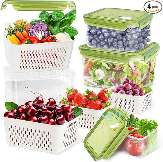 TBMax 8 Pieces Airtight Fruit Storage Containers for Fridge with Air Circulation Vent, 4 Pack Produce Saver with Colander for Berry Lettuce Salad Vegetable Storage, Refrigerator Organizers- Green