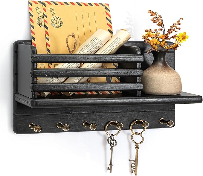 Rebee Vision Pine Wood Key Holder Wall Mount - Farmhouse Key Holder for Wall with Floating Shelf & 6 Hooks - Mail Organizer for Home Improvement, Apartment Essentials (Black)