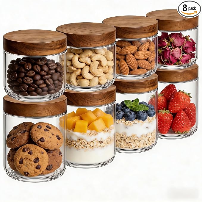 Bumobum 16oz+8oz Overnight Oats Containers with Lids, Glass Mason Jars with Acacia Wood Airtight Lid, Wide Mouth Glass Canisters for Food Storage Chia Pudding Snacks Yogurt Spice Meal Prep, 8-Pack