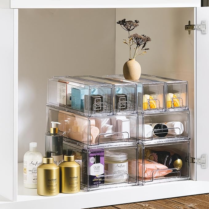 Sorbus 2 Large & 4 Small Clear Stackable Storage Drawers – Plastic Organizer Bins with Handles – Stackable Pull-Out Storage Drawers for Closet, Pantry, Office, Bathroom, Craft, and Toy Organization