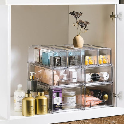 Sorbus Small Wide Clear Stackable Storage Drawers – 6-Pack Plastic Organizer Bins with Handles – Stackable Pull-Out Storage Drawers for Closet, Pantry, Office, Bathroom, Craft, and Toy Organization
