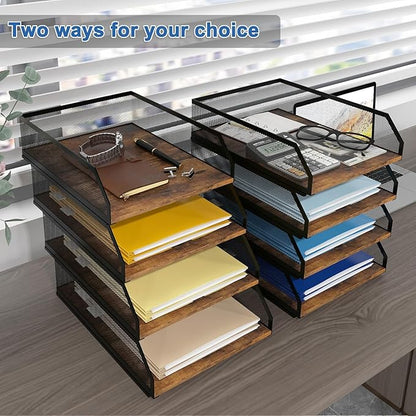 Natwind 4-Tier Stackable Paper Tray, Retro | Metal Mesh, Wood Board, Desktop Organizer, For Home, Office, School