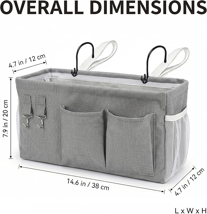 2pc Bedside Caddy Organizer with Hooks, No-Sagging Canvas Hanging Bed Pocket with Water Bottle Holder, Bedside Storage for Dorm Room Essentials, Bunk Bed Accessories, Hospital Bed Rails & Crib (gray)