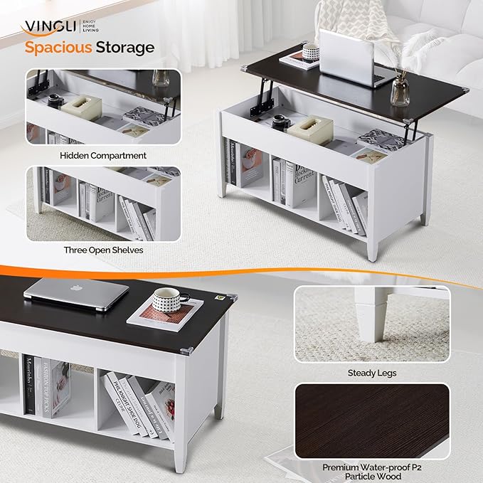 VINGLI Lift Top Coffee Table with Hidden Storage, 39" Wood Coffee Table with Lifting Tabletop, 3 Open Shelves, Center Table for Living Room, Home Office, White & Dark Brown