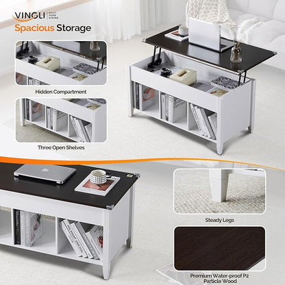 VINGLI Lift Top Coffee Table with Hidden Storage, 39" Wood Coffee Table with Lifting Tabletop, 3 Open Shelves, Center Table for Living Room, Home Office, White & Dark Brown