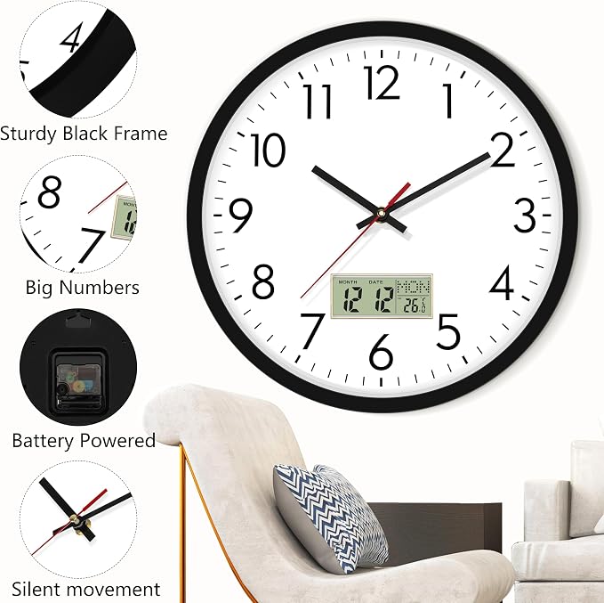 Lumuasky Wall Clock Digital 12" Non-Ticking Silent Battery Operated Analog with LCD Display for Perpetual Calendar and C° Temperature, Ideal Modern Home, Bedroom, Kitchen, Office Decor