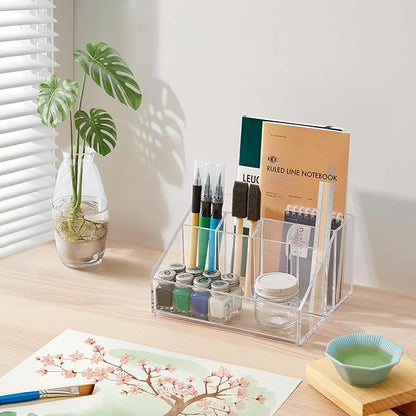 STORi Stackable Desk Organizer, Clear Pen Pencil Makeup Brush Holder for Desktops and Vanities, 6 Compartment Caddy (Made in USA)