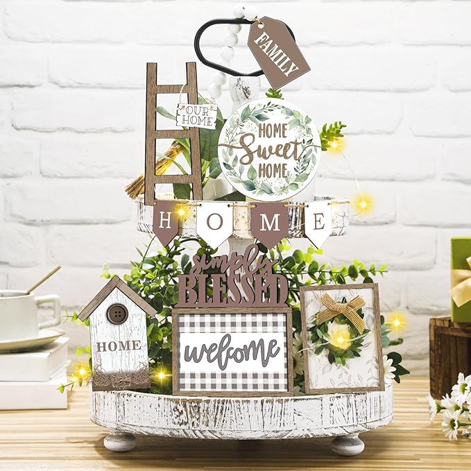 Set of 11 Farmhouse Tiered Tray Decor Rustic Home Tiered Tray Decorations Set Wooden Signs Home This is Us Farmhouse Tabletop Wood Signs for Kitchen Table Shelf Decor