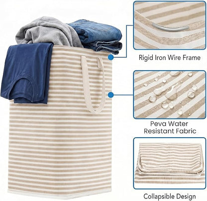 efluky Slim Laundry Basket, Narrow Laundry Hamper with Handles, Collapsible Dirty Clothes Hamper, Tall Laundry Bin for Laundry Room, Dorm and Bedroom, 80L, Striped Brown