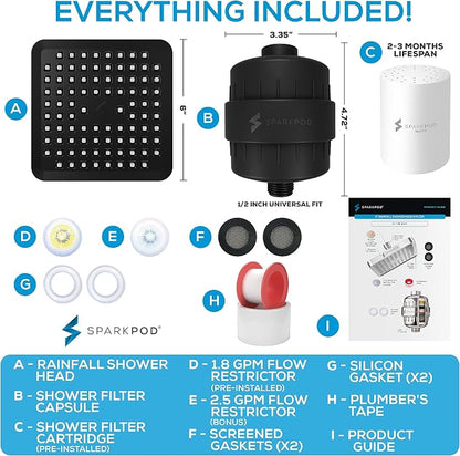 SparkPod 23-Stage Filtered Shower Head, 6" Square, Black Matte | Filtered Shower Head for Hard Water Filter, High Pressure, Reduces Chlorine, Heavy Metals, For Dry Skin & Hair