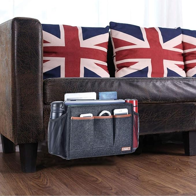 Zafit Bedside Caddy, Large Size Storage Organizer with 8 Pockets - Holds Magazines, Remotes, Phone (13.4'' x 18.1'', Dark Grey)