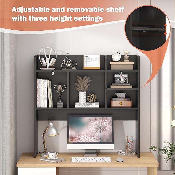 Desk Hutch with 6 Shelves, Desktop Bookshelf Organizer & Hutch Top for Desk, Over Desk Storage Shelf for Office, Home, Dorm | Space-Saving Design (Black)