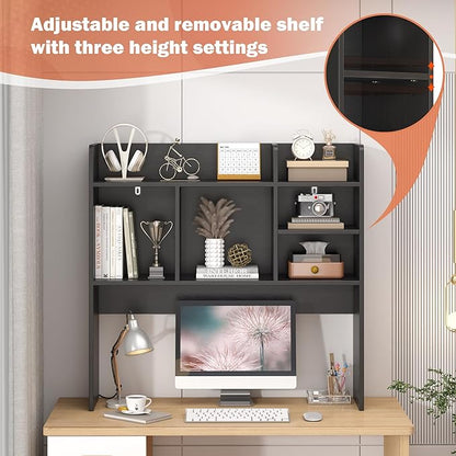Desk Hutch with 6 Shelves, Desktop Bookshelf Organizer & Hutch Top for Desk, Over Desk Storage Shelf for Office, Home, Dorm | Space-Saving Design (Black)