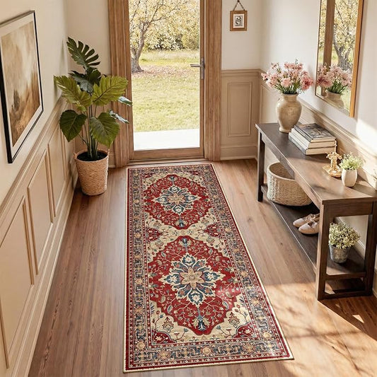 RELEANY Area Rugs Runner 2'x6' Washable Non-Slip, Floral Vintage Distress Medallion Carpet for Kitchen Hallway Bedroom Beside Laundry Room Bathroom, Red Blue
