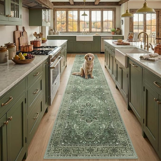 RELEANY Area Rugs Runner 3'x12' Washable Non-Slip, Floral Vintage Distress Medallion Carpet for Kitchen Hallway Bedroom Beside Laundry Room Bathroom, Dark Green Gray