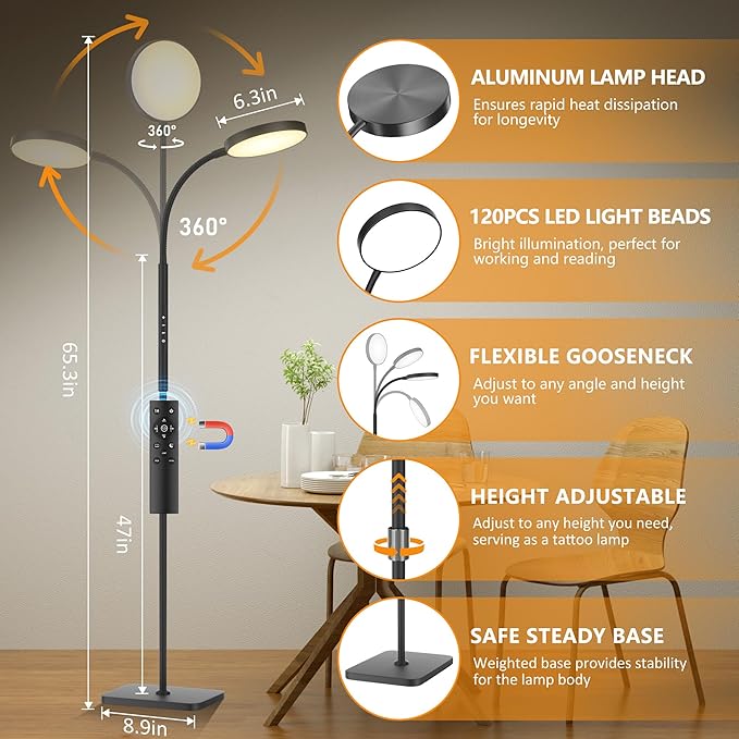 Floor Lamp, Adjustable Height Floor Lamps for Living Room Bedroom, 120 LED Super Bright Standing Lamp Remote Control Dimmable Gooseneck Tall Stand Reading Lamp for Office Craft, Black-RGB