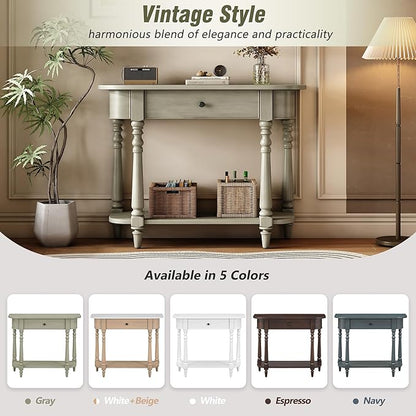 HMFULE Retro Curved Console Table, 36" Solid Wood Half Moon Console Table Sofa Table Entryway Table with 1 Drawer 1 Open Shelf Roman Legs Curved Corners for Living Room,Entryway,Hallway,Gray