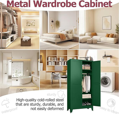 Metal Wardrobe Cabinet with Hanging Rod, 71" Metal Clothing Storage Cabinets with 2 Doors and Adjustable Shelves, Green Armoire Wardrobe Closet for Bedroom, Laundry Room, Cloak Room