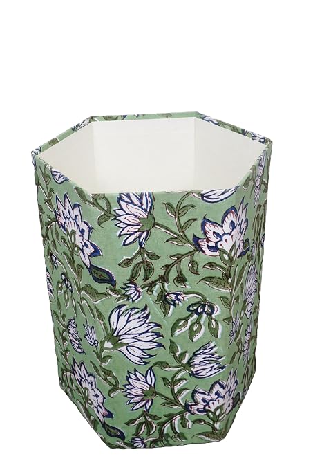 Generic 3.3 Gallon Cotton Hand Block Printed Paper Waste Basket |Small Decorative Trash Can for Housewarming Gifts in Living Room, Bedroom, Bathroom | Eco-Friendly, Plastic-Free (1, D BLUE GREEN)