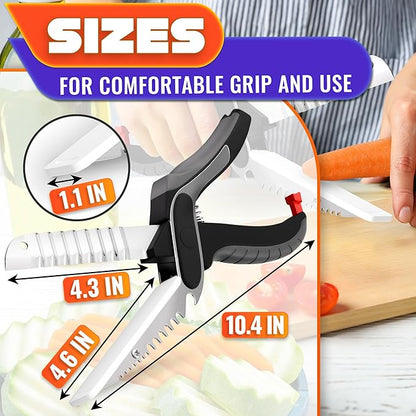 6-in-1 Cutting Board Scissors - Stainless Steel Kitchen Tool with Ribbed Blade, Automatic Spring & Safety Lock - Slice Meat, Fish, Bread, Veggies & Fruit on the Spot - Dishwasher Safe Cheese Scissors