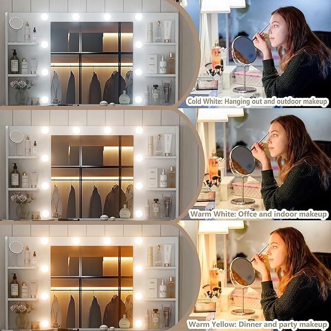 Vanity Desk with Power Outlet, 47'' W Makeup Vanity with Mirror and 12 LED Lights, 11 Drawers & 4 Shelves, 3 Color Lighting Modes, Fold-up Panel, Glass Top Vanity Set for Bedroom