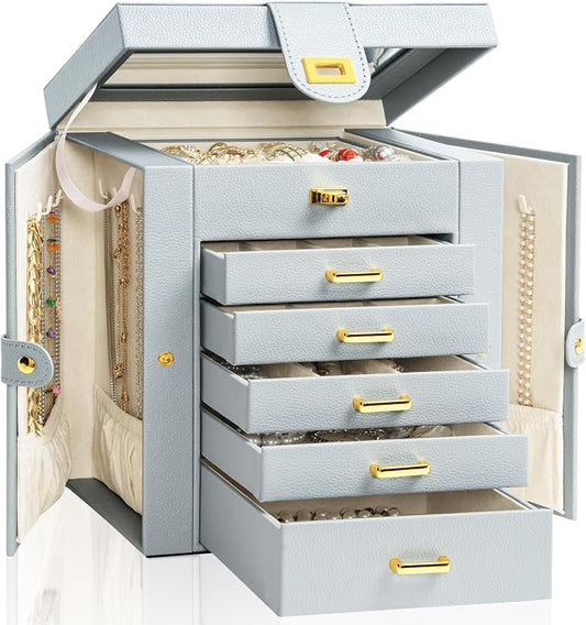 AKOZLIN 6-Tier Jewelry Box Organizer Functional 5 Drawers Leather Jewelry Storage Case for Women Girls Ring Necklace Earring Bracelet Holder Organizer with Mirror Grey Regular