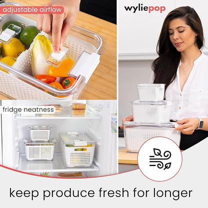 Premium Fruit Storage Containers for Fridge with Veggie Peeler – 3-in-1 Produce Containers for Fridge with Strainer & Removable Colander – Large, Clear Fruit and Vegetable Storage Organizer (Set of 3)