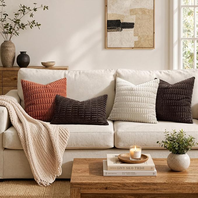 MIULEE Pack of 2 Corduroy Decorative Throw Pillow Covers 18x18 Inch Soft Boho Striped Pillow Covers Modern Farmhouse Home Decor for Sofa Living Room Couch Bed Dark Brown