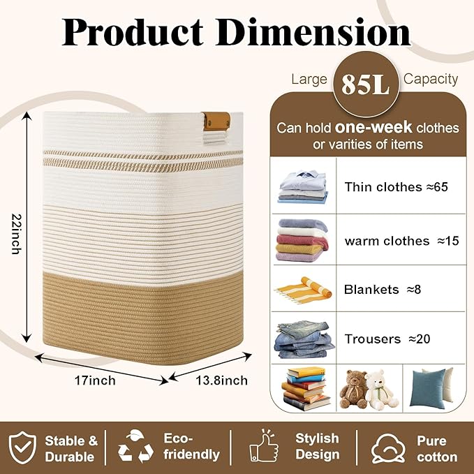 Degeyoyo Laundry Hamper, 85L Tall Laundry Basket with Leather Handles, Rectangle Large Clothes Hamper for Organizing, Cotton Woven Laundry Baskets Storage Hampers for Bedroom, Nursery, Living Room