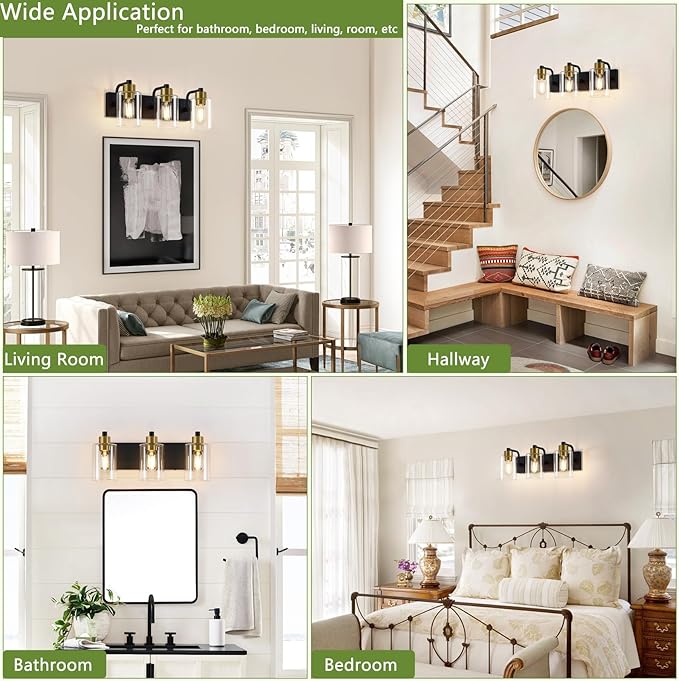 Bathroom Light Fixtures,Matte Black and Gold 3-Light Bathroom Lights with Clear Glass Shade,Modern Wall Sconces Over Mirror for Bathroom, Black&Gold, JD-188