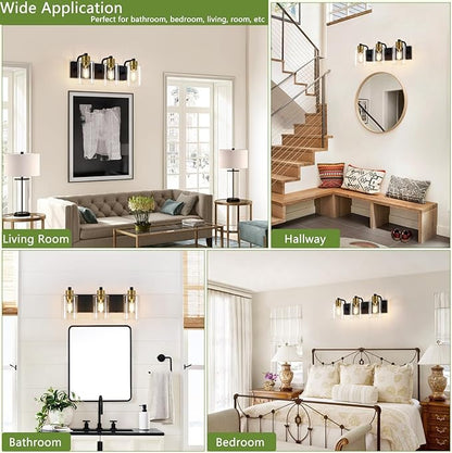 Bathroom Light Fixtures,Matte Black and Gold 3-Light Bathroom Lights with Clear Glass Shade,Modern Wall Sconces Over Mirror for Bathroom, Black&Gold, JD-188