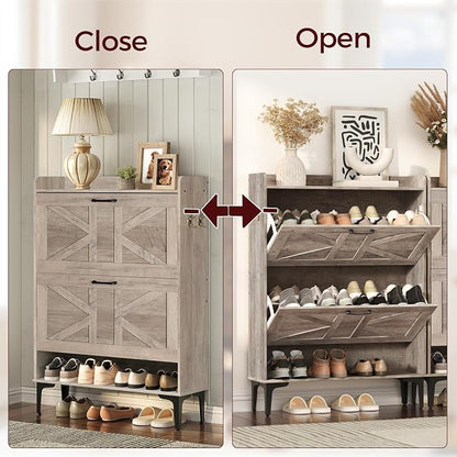 MAHANCRIS Shoe Storage Cabinet, Shoe Organizer with 2 Flip Drawers, Hidden Shoe Storage for Entryway, Freestanding Shoe Cabinet Organizer with Open Storages, Greige SHHG9401