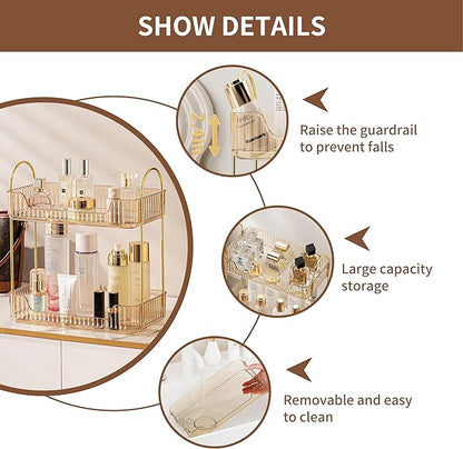 Akinbas 2 Tier Bathroom Organizer Countertop Makeup Perfume Tray Skincare Organizer for Bathroom Dresser Vanity (Gold)