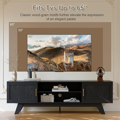 ChooChoo 59.5" Fluted TV Stands for 65 Inch TV, Mid Century Modern Entertainment Center with Storage and Adjustable Shelf, Long TV Console Media Table for Living Room, Bedroom, Black