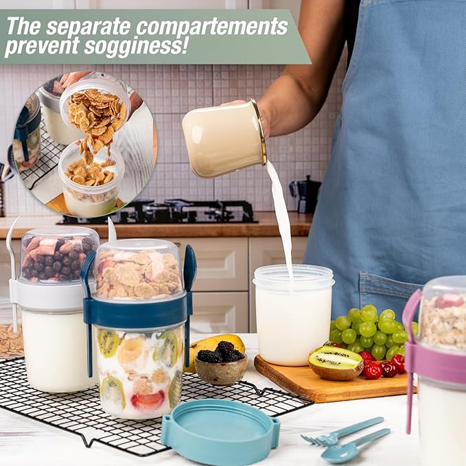 4 Pack Breakfast 22 oz On The Go Cups with Lids and Spoon, Reusable Cereal Yogurt Cup with Topping Plastic Overnight Oats Container for Granola Oatmeal (22 oz - 4 Pack)