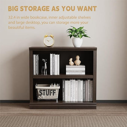 blini 2-Shelf Bookcase Wooden Bookshelves 33in Wide Floor Standing Display Storage Shelves Oak Bookcase for Home Office, Living Room, Bed Room