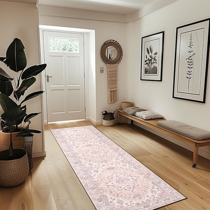 RELEANY Area Rugs Runner 2'x8' Washable Non-Slip, Floral Vintage Distress Medallion Carpet for Kitchen Hallway Bedroom Beside Laundry Room Bathroom, Pink Greypink Cute