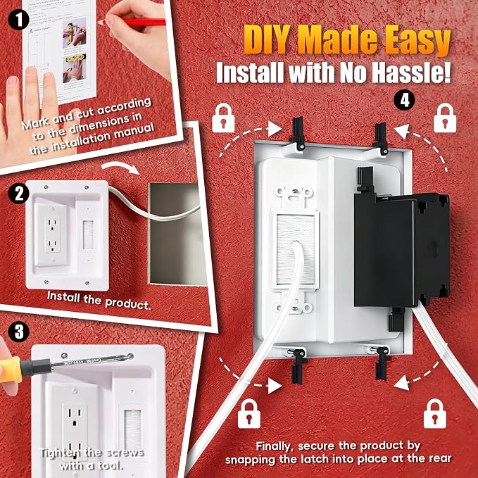 in Wall Cable Management Kit with Recessed Tv Socket Box, Two-Hole Socket, 9ft Cord, Tv Cable Concealment Wall Kit, Tv Cable Concealer Suitable for All Plugs, Convenient and Safe Cable Management