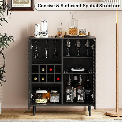 Mid Century Bar Cabinet with Wine Racks, Modern Liquor Cabinet with Slatted Doors for Dining Room, Living Room (Black)