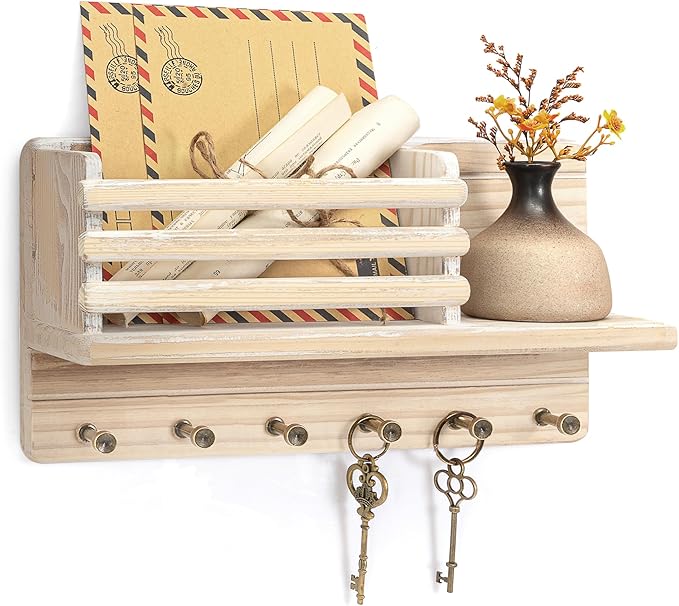 Rebee Vision Farmhouse Pine Wood Key Holder Wall Mount - Key Holder for Wall with Wooden Shelf & 6 Hooks - Mail Holder for Rustic Decor to Home, Bedroom, or Apartment (Natural Wood)