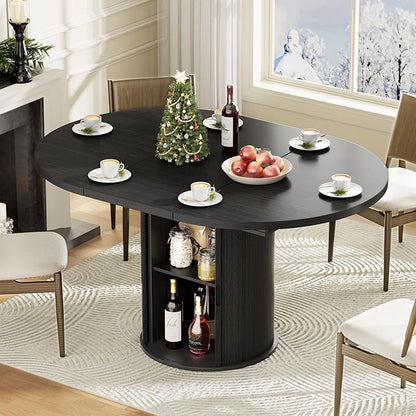 40-55in Black Round Dining Table for 4–6, Modern Expandable Dining Table, Oval Dinner Table with Removable Leaves Space Saving, Kitchen Table for Dining Room,Apartments or Meeting Rooms