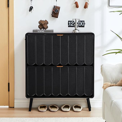 Shoe Storage Cabinet for Entryway with 2 Flip Drawers Set of 2, Freestanding Narrow Wood Shoe Cabinet with Wave Panel, Hidden Shoe Organizer for Foyer, Hallway (Black)