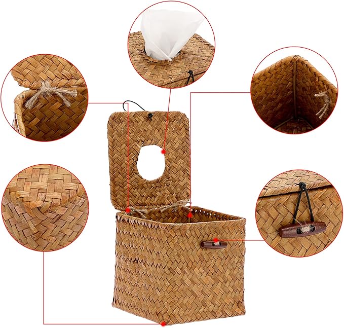 Sumnacon Tissue Box Cover Square Seagrass Tissue Box with Lid, Woven Tissue Box Holder Rustic Cube Tissue Cover for Bathroom Toilet Bedroom Living Room Kitchen Table Desk Office Car, Caramel