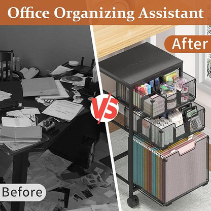 Sbanmao Rolling File Cart with 3 Drawers, File Cabinet with DIY Divider, Hanging Folder Holder Organizer with Wheels, Under Desk Storage Utility Cart, Printer Stand for Home Office, Black