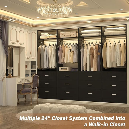 Besiost Freestanding 2FT Closet System with 3 Wood Drawers, 24" Closet Organizer System with Hanging Rod & Shelves, Walk-in Closet Systems for Small Closets, Black (24"L x 15" W x 80" H)