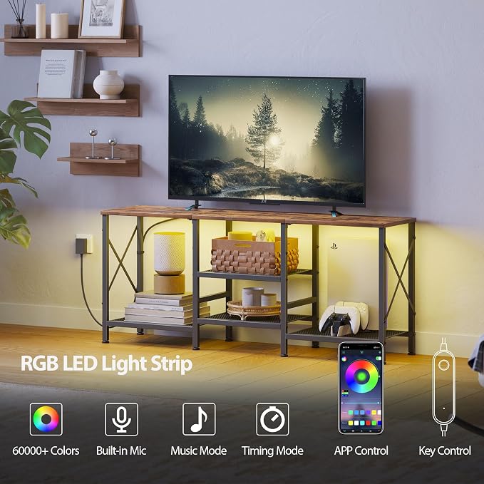 JARHETUN TV Stand with LED Lights for 55 Inch TV, Entertainment Center with 3-Tier Open Shelves, TV Console Table for Living Room, Bedroom, Rustic Brown