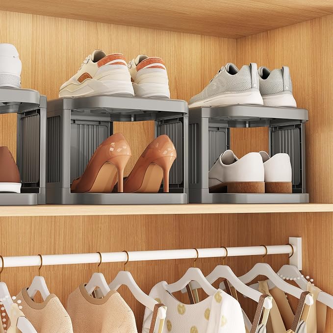 Kitstorack 10-Tier Vertical Plastic Shoe Rack, Freestanding Stackable Shoe Storage Organizer Cubes Shoe Shelf Tower or Small Closets and Tight Spaces, Gray
