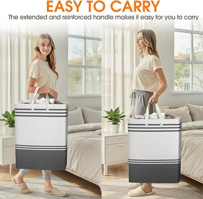 2 Pack Large Home Laundry Basket, Laundry Hamper, Freestanding Waterproof Dirty Clothes Bag, Tall Clothes Hamper - Extended & Reinforced Handles for College Dorm, Family (Light Grey/125L)