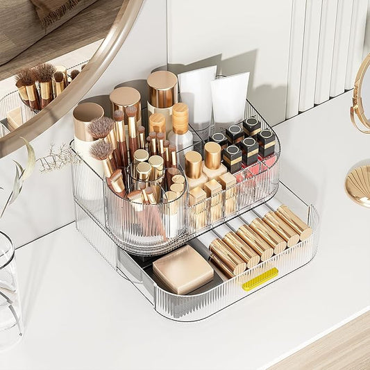 Delamu Makeup Organizer for Vanity with Stackable Drawers, 360 Rotating Makeup Brush Holder Large Cosmetic Display Case, Bathroom Skincare Storage, Crystal Clear, Ideal Christmas Gifts for Girls